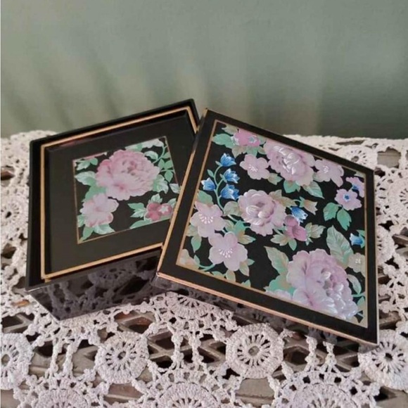 Set of 6 Otagiri Japan Tavistock Floral Garden black lacquer/lacquerware coaster - Picture 3 of 7